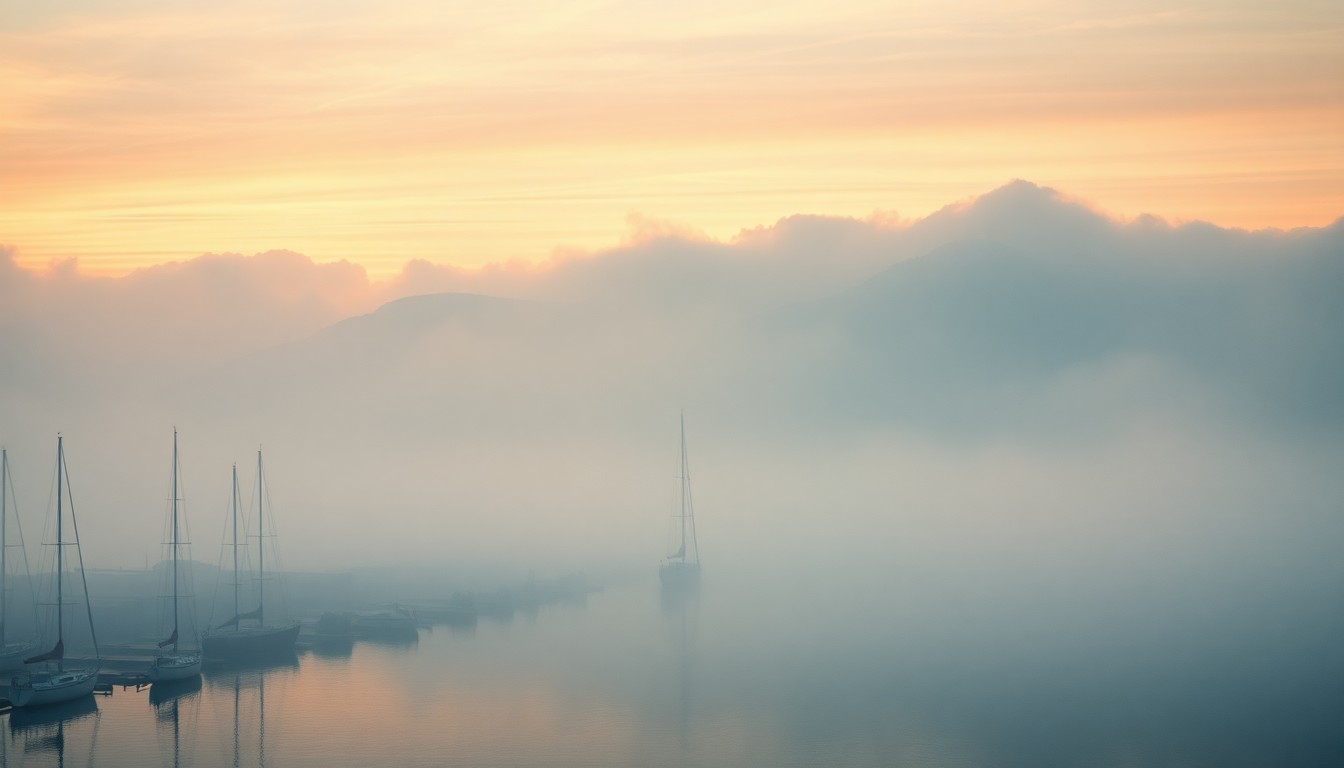A serene, atmospheric landscape painting depicting a marina shrouded in thick fog, with a single sailboat barely visible in the distance, conveying the overwhelming power of nature and the fragility of human structures.