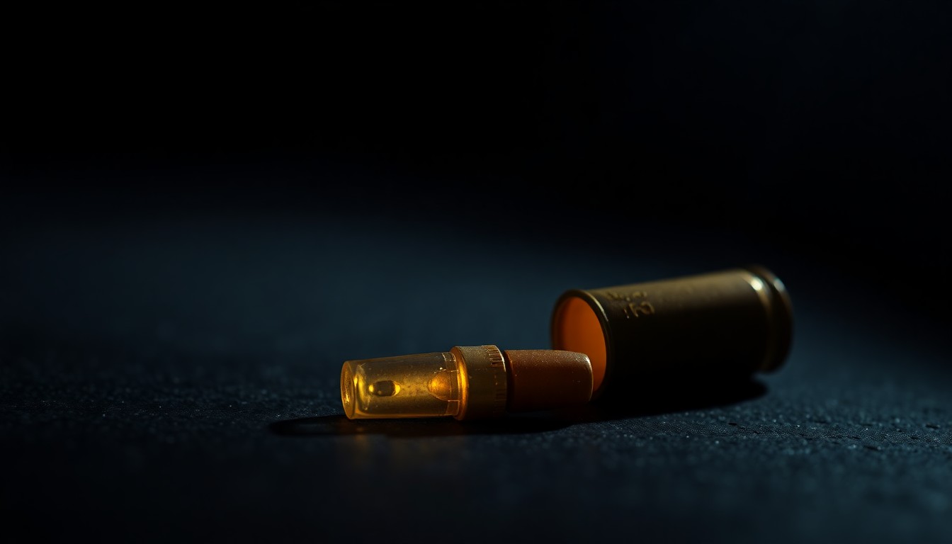 An extreme close-up photograph of a single spent shell casing on a dark surface, lit by a harsh, direct camera flash, conceptually illustrating the aftermath of a workplace shooting incident.