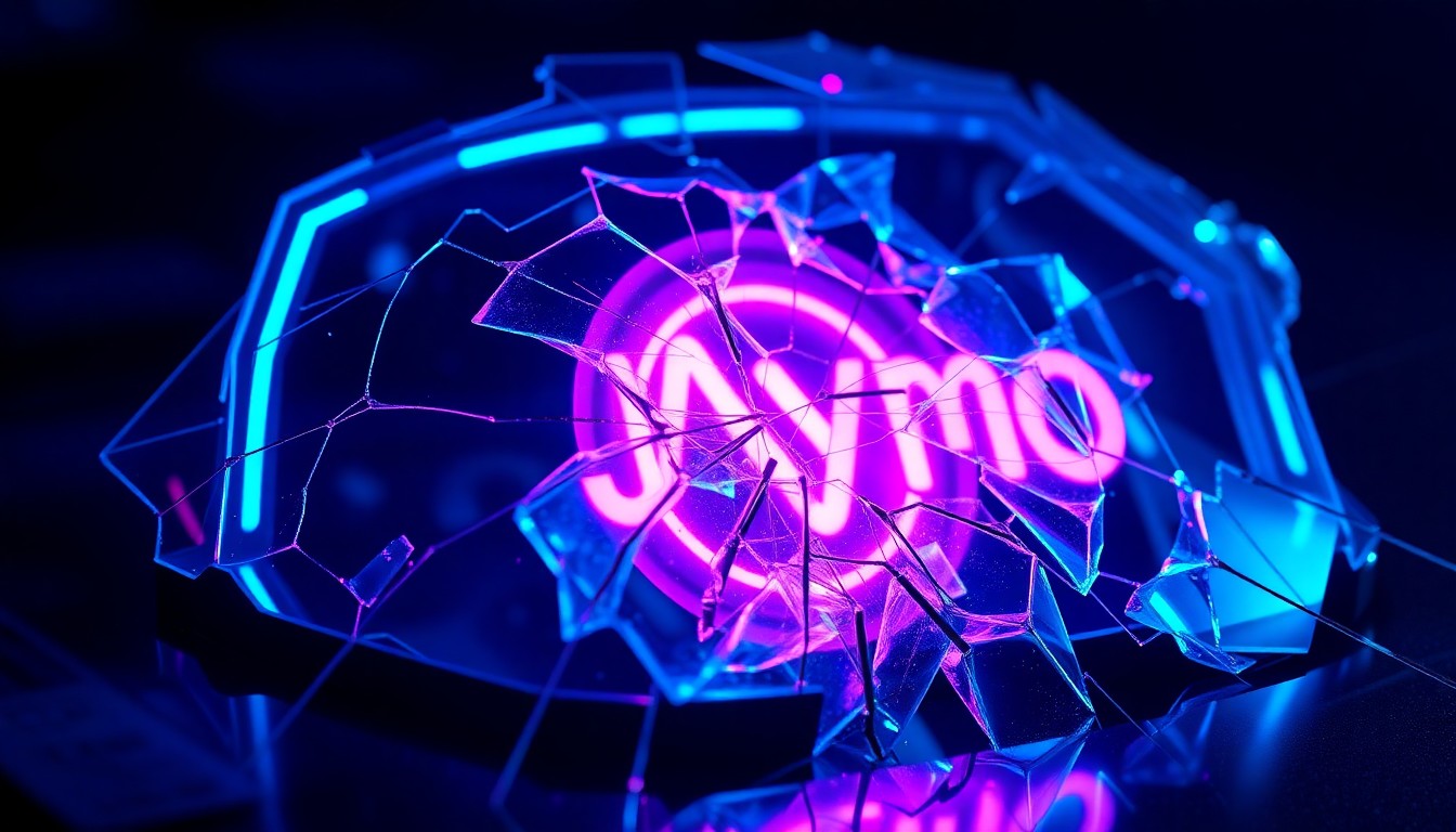 An extreme close-up of a shattered car sensor lens reflecting a faint red light, conceptually illustrating the vandalism of self-driving cars.