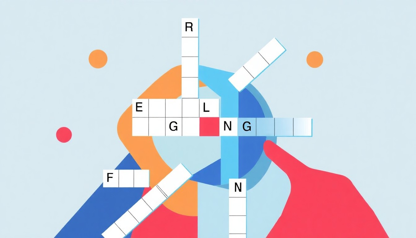 An abstract illustration featuring bold, geometric shapes in a vibrant color palette, representing the mental focus and sense of accomplishment associated with solving a crossword puzzle.