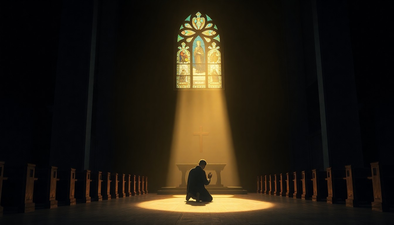 A dimly lit Catholic church interior with a single beam of light shining through a stained glass window, casting a warm glow on a lone figure kneeling in prayer, conceptually representing the pope's spiritual leadership in a time of political conflict.