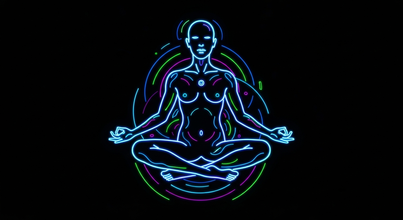 An abstract, glowing neon figure in a meditative pose, surrounded by swirling neon lines and shapes, conceptually representing the potential of psychedelic drugs to treat mental health conditions.