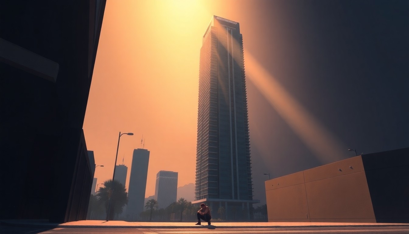 A photorealistic painting in the style of Edward Hopper, depicting a solitary high-rise tower in warm sunlight and deep shadows, with a lone figure sitting on the sidewalk in the foreground, conveying the stark contrast between the city's wealthy and its less fortunate residents.
