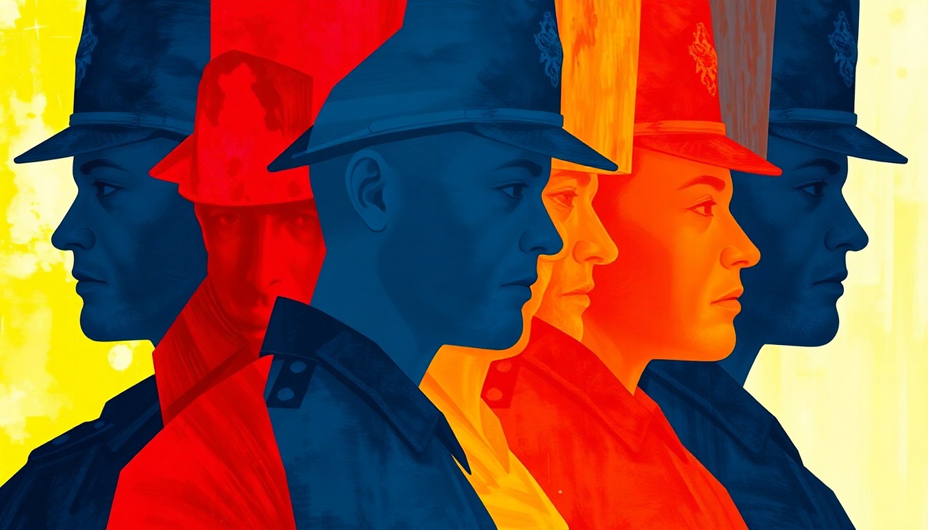 A fractured, abstract painting depicting the silhouette of a Dallas police officer repeated and overlapping in waves of deep blue, crimson red, and golden yellow, conveying the complex and dynamic nature of the city's efforts to fund new training facilities.