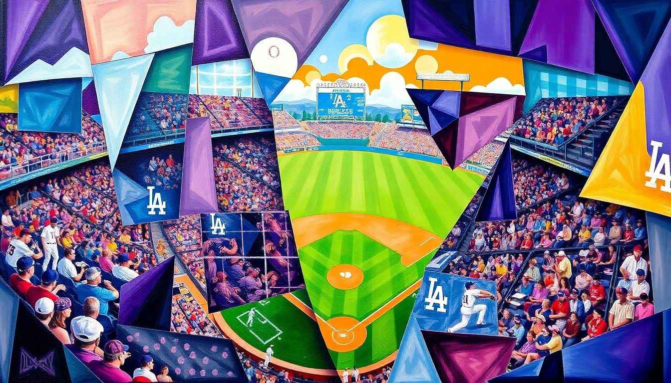 A fractured, cubist-style painting depicting a baseball game between the Colorado Rockies and Los Angeles Dodgers, with sharp geometric shapes and planes of color representing the dynamic action on the field.