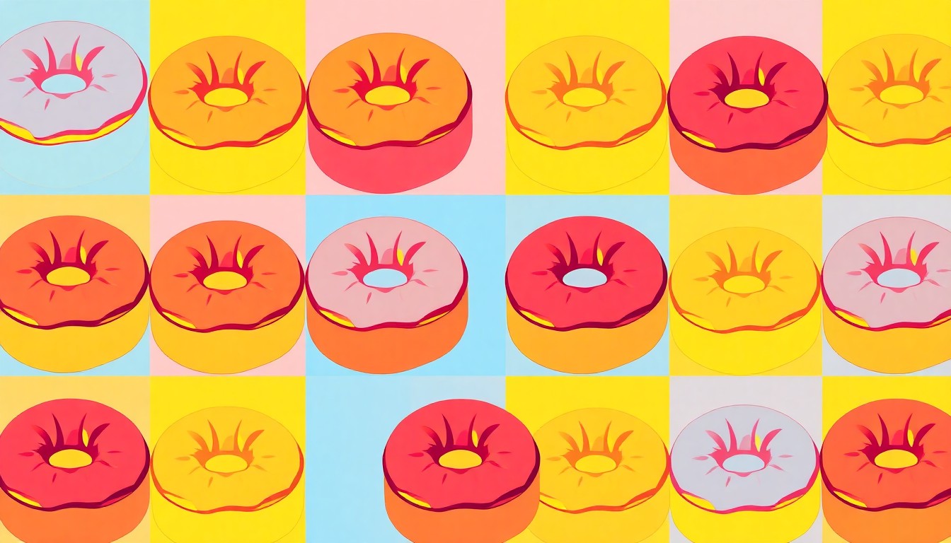 A brightly colored, high-contrast silkscreen print of a single, iconic baked good item repeated in a tight grid pattern, conceptually representing the vibrant and creative energy of a community bake sale event.