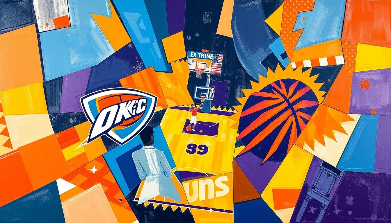 A fractured, multi-perspective painting in the style of Pablo Picasso, breaking a basketball game down into sharp, overlapping geometric planes of vibrant blue, orange, purple, and red colors.