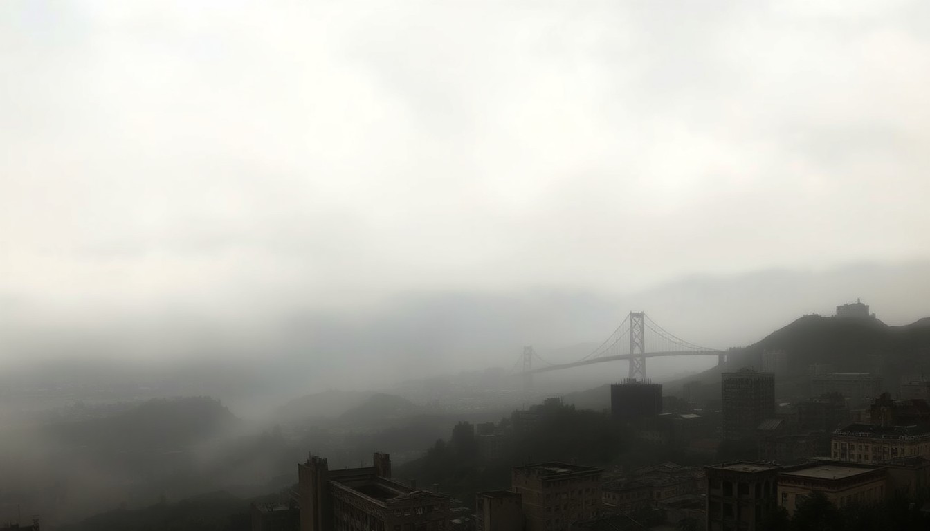 A vast, fog-shrouded landscape painting in muted tones of gray, blue, and green, conveying the sense of awe and melancholy in the wake of the devastating 1906 San Francisco earthquake.