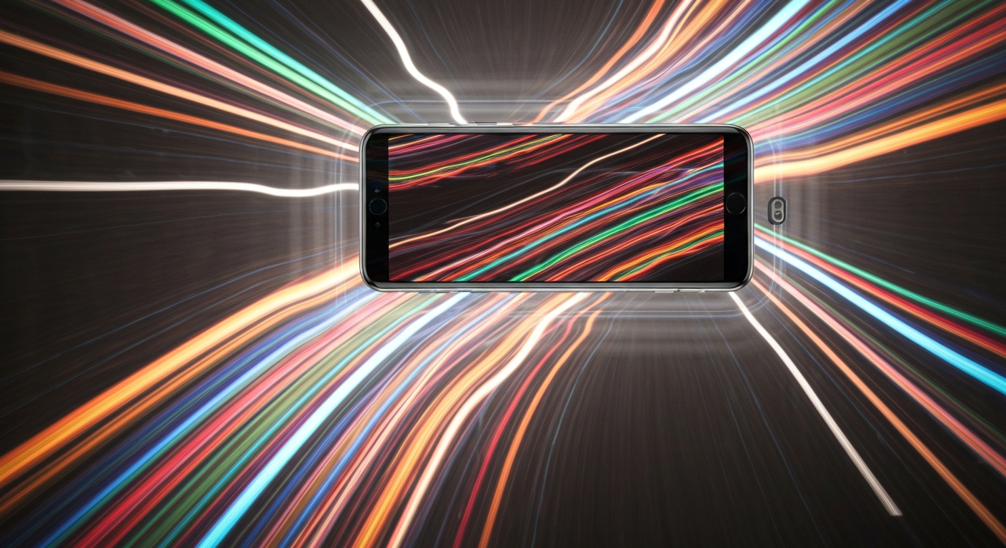 An abstract, colorful image created with a slow shutter speed and panning motion, depicting a smartphone in motion as sweeping, blurred brushstrokes of vibrant hues, conveying the fast-paced, essential nature of these devices in modern life.