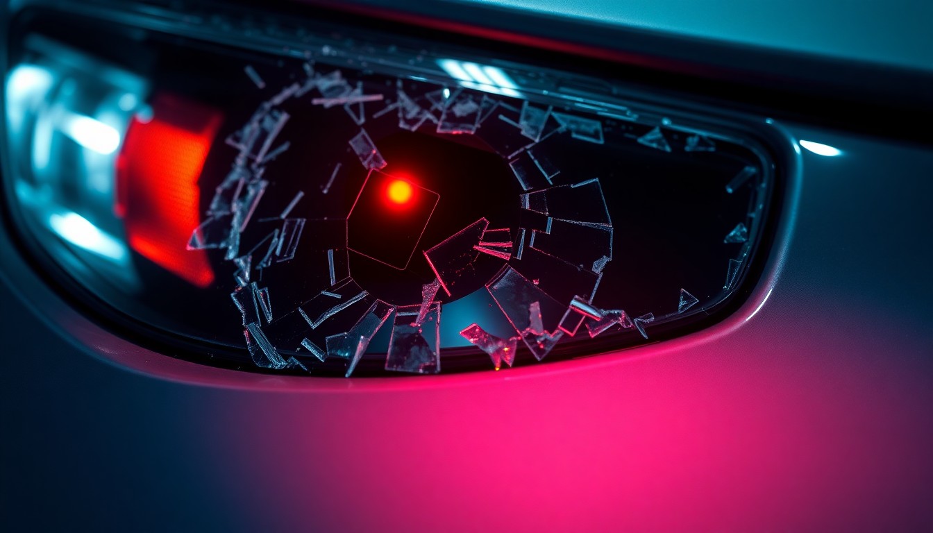 An extreme close-up of a shattered car sensor lens reflecting a faint red light, conceptually illustrating the vandalism of self-driving cars.