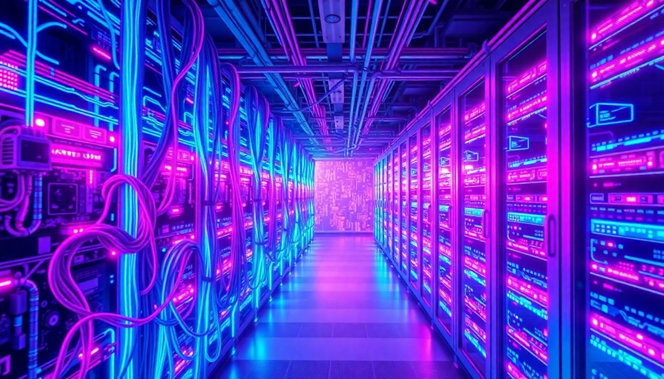 A highly detailed 3D illustration of glowing circuit boards, data cables, and server racks in shades of neon blue, purple, and magenta, conceptually representing the complex digital infrastructure enabling modern software development and online learning.