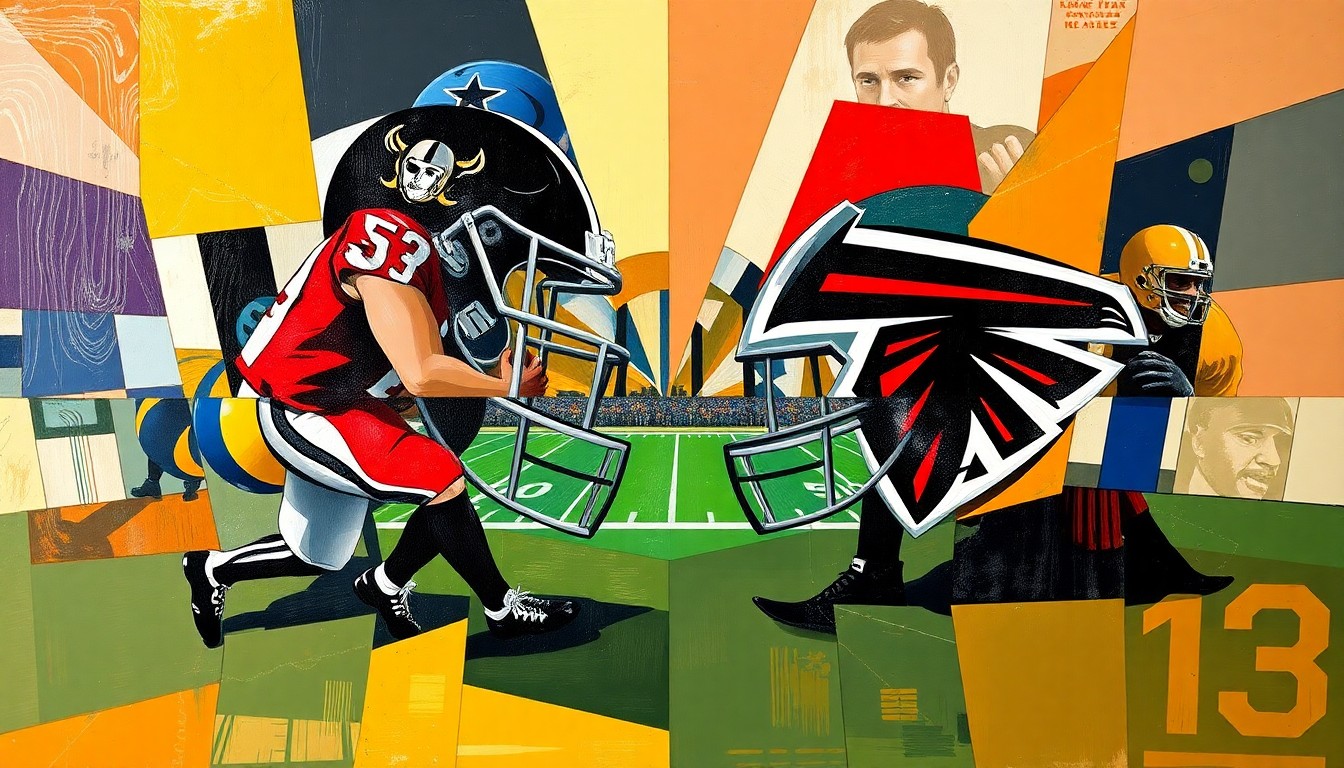 A fragmented, geometric painting depicting a football game or match, with sharp planes of color representing the teams and action on the field.