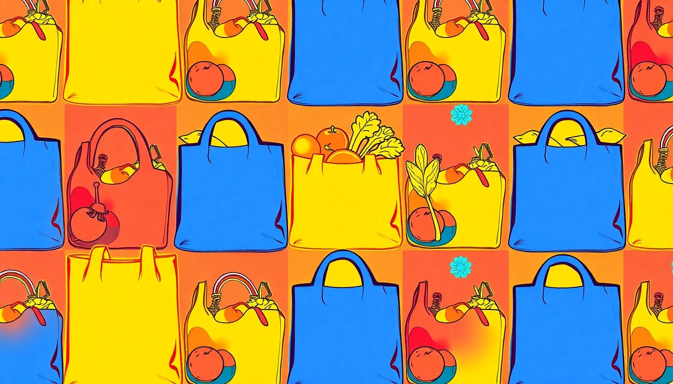 A brightly colored, high-contrast silkscreen print of a reusable grocery bag repeated in a tight grid pattern, conceptually representing the iconic status and community-driven values of San Francisco's Rainbow Grocery Cooperative.