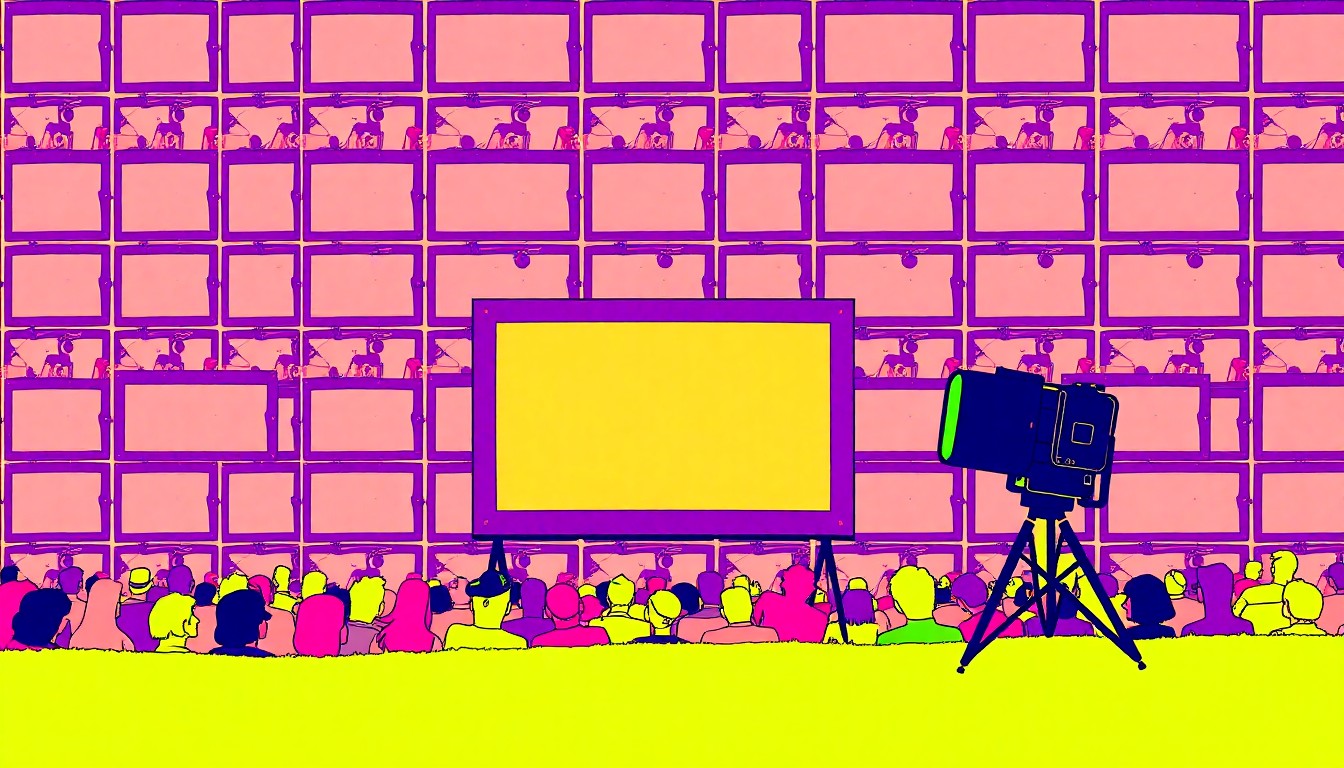 A brightly colored, high-contrast silkscreen print of an iconic outdoor movie screen or projector repeated in a tight grid pattern, using flat, vibrant, and unnatural neon color palettes overlapping with heavy black photographic outlines to turn a simple movie-watching experience into modern pop art.