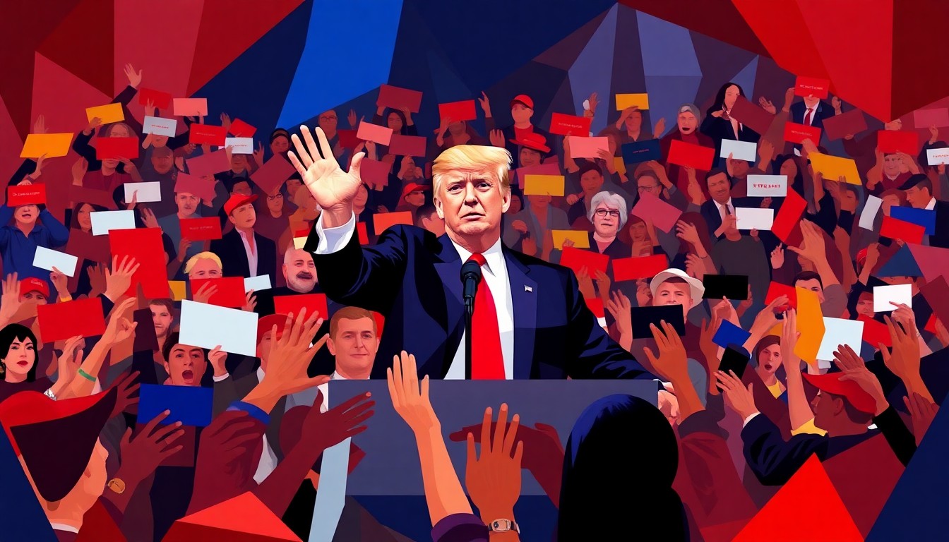 A dynamic, fragmented painting depicting a Trump campaign rally, with the crowd and Trump's figure repeated in overlapping geometric shapes and bold, contrasting colors, conveying the fractured political landscape.