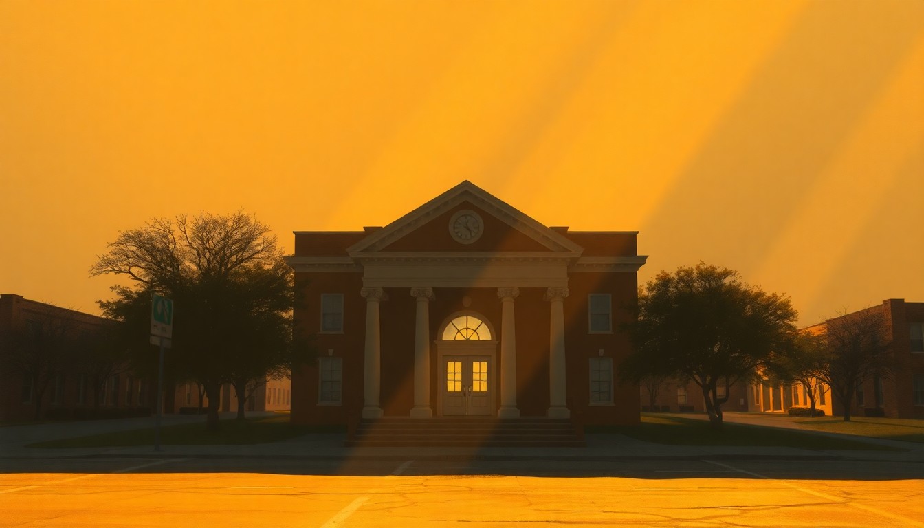 A serene, cinematic painting of a municipal building or town square in Cleburne, Texas, with warm sunlight and deep shadows creating a contemplative, nostalgic mood that reflects the significance of the city's upcoming mayoral election.