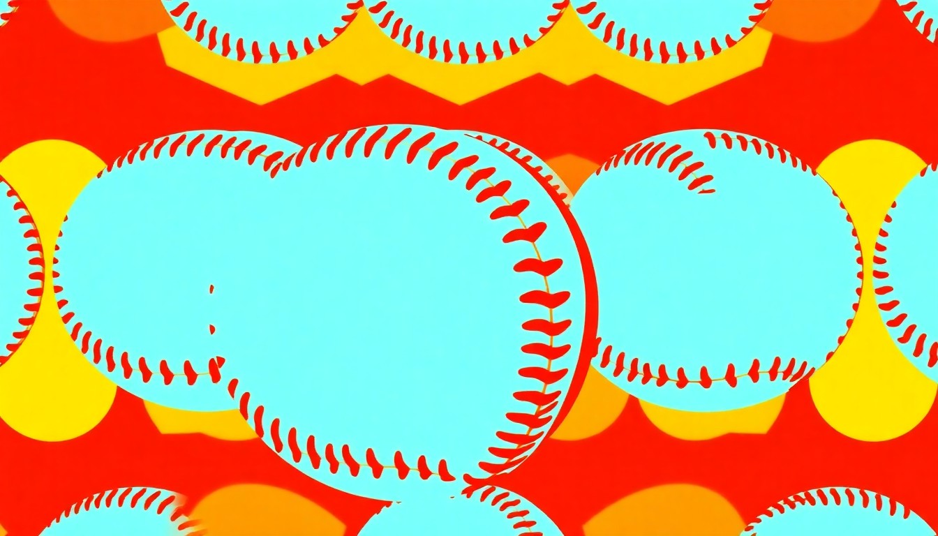 A bold, colorful silkscreen-style illustration featuring a softball icon repeated in a grid pattern, capturing the energy and community spirit of the Battle of the Badges charity event.