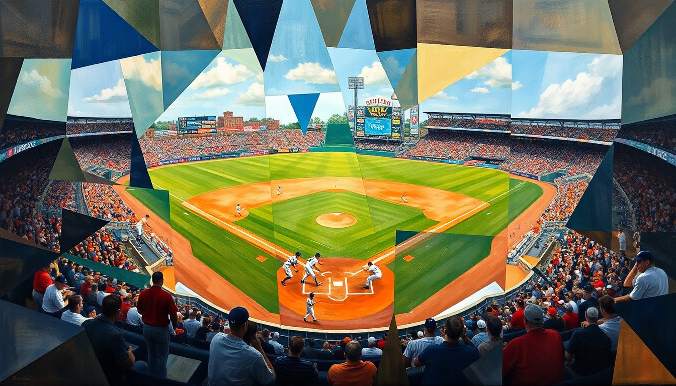 A fractured, geometric painting depicting a baseball game in motion, with players, field, and stadium elements broken down into abstract shapes and angles, conveying the dynamic energy of the rain-soaked extra-inning affair.