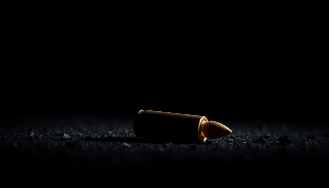 An extreme close-up photograph of a spent bullet casing on the ground, capturing the stark, gritty details of the crime scene in a dramatic, investigative style.