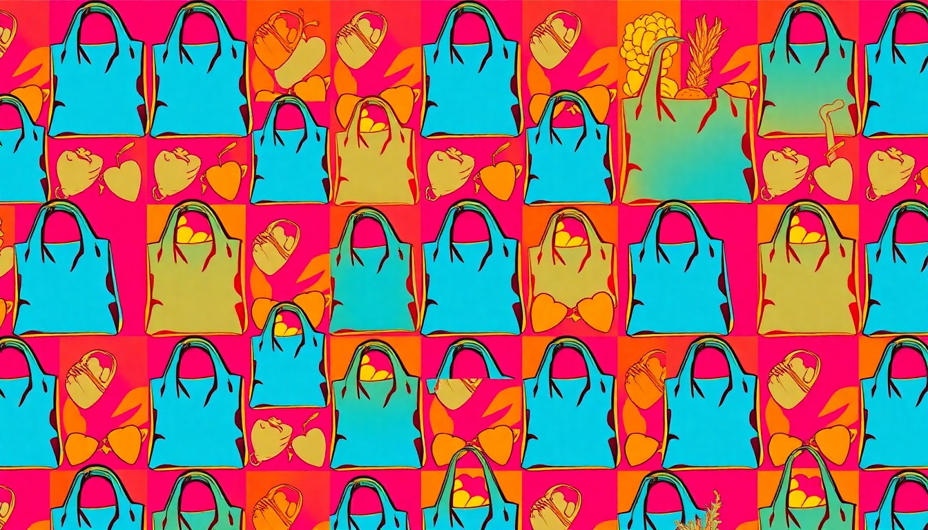 A brightly colored, high-contrast silkscreen print of a reusable grocery bag, repeated in a tight grid pattern with overlapping heavy black outlines, conceptually representing the iconic imagery and community spirit of a local natural foods cooperative.