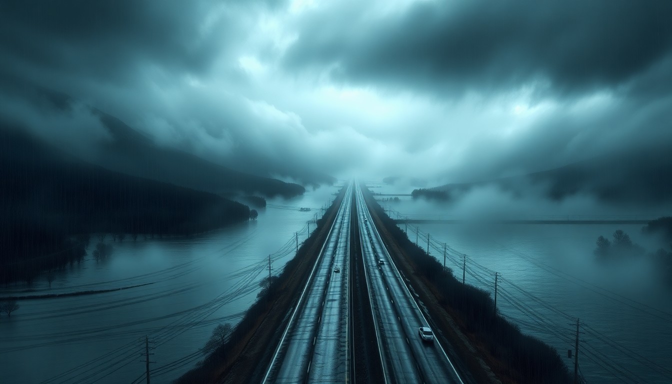 A vast, atmospheric landscape painting depicting a flooded highway cutting through a desolate scene, with the road partially obscured by heavy rain and mist, conveying the overwhelming scale of a severe weather event.