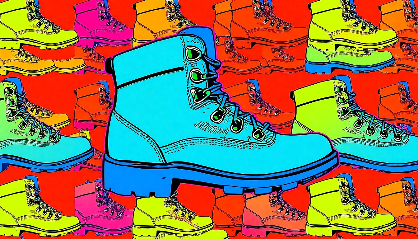 A highly stylized, abstract image composed of a repeating grid of brightly colored, silhouetted hiking boots in neon shades of green, pink, and blue, conveying the concept of an active outdoor lifestyle in a modern, pop art-inspired visual style.