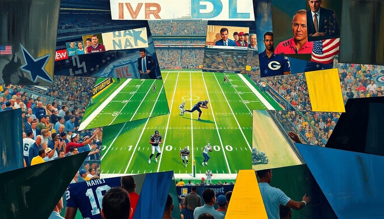 A cubist, geometric painting depicting fragmented football players and draft prospects, representing the Falcons' analytical approach to the upcoming NFL draft.