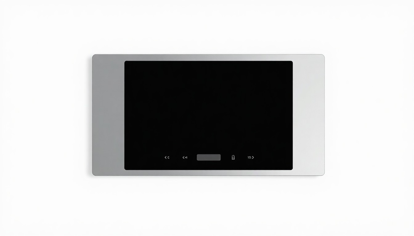 An extreme close-up of a minimalist, high-tech control panel with clean geometric lines and subtle metallic accents, conceptually representing the complex tensions around luxury real estate development in Palo Alto.