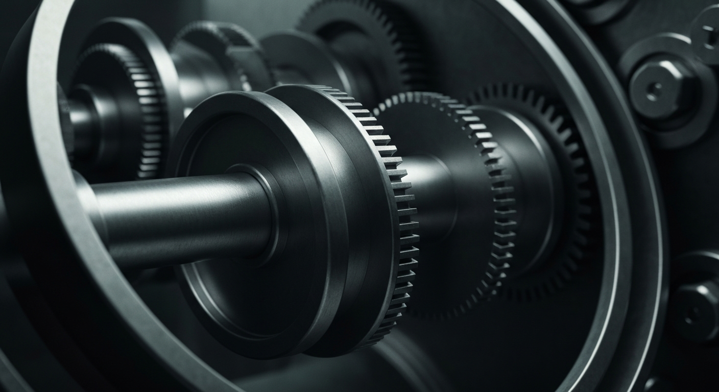 An extreme close-up of the intricate gears and mechanisms of a banking vault, conveying a sense of institutional power, security, and the heavy, tangible nature of financial infrastructure.