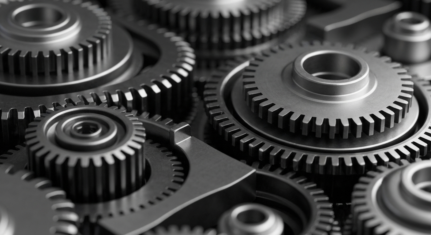 An extreme close-up of highly detailed, interlocking metal gears and mechanical components in shades of silver, steel, and black, conceptually representing the complex financial infrastructure and institutional power of the banking industry.