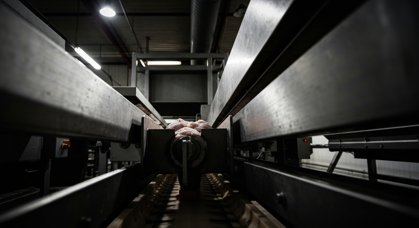 An extreme close-up of various metal gears, conveyor belts, and other industrial poultry processing equipment, conveying the scale and efficiency of Pilgrim's Pride's vertically integrated operations.