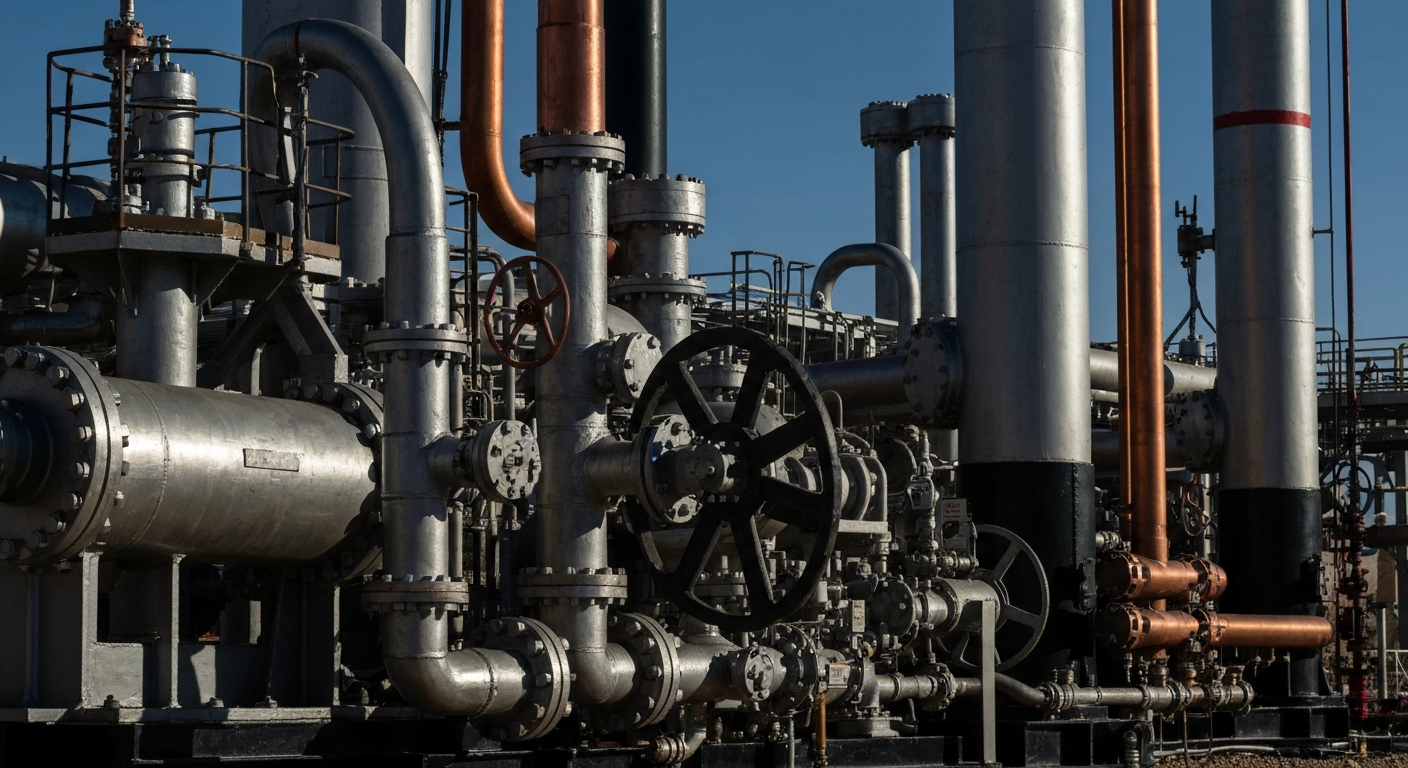 An extreme close-up of industrial oil and gas equipment, including pipes, valves, and machinery, conveying the physical scale and complexity of Diamondback Energy's operations in the Permian Basin.