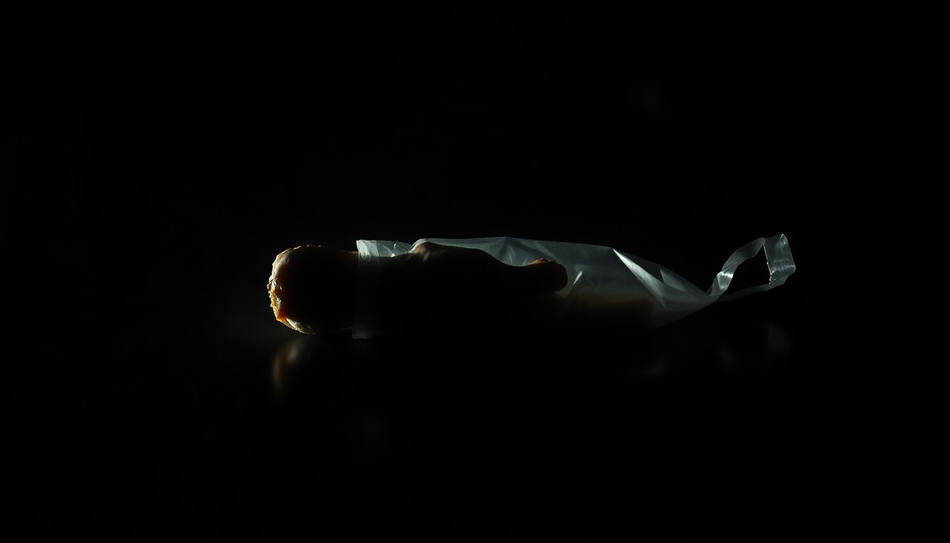 An extreme close-up photograph of a dismembered body part or evidence bag, lit by a harsh, direct camera flash against a pitch-black background, creating a stark, gritty, investigative aesthetic without any visible text or symbols.