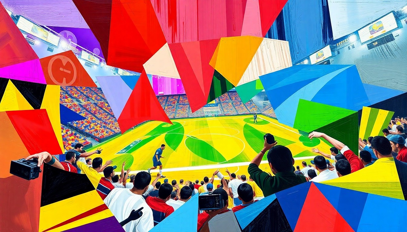 A cubist-style painting depicting a sports match or competition, with the players and the field broken down into sharp, overlapping geometric shapes in vibrant colors, capturing the dynamic and intense nature of the game.