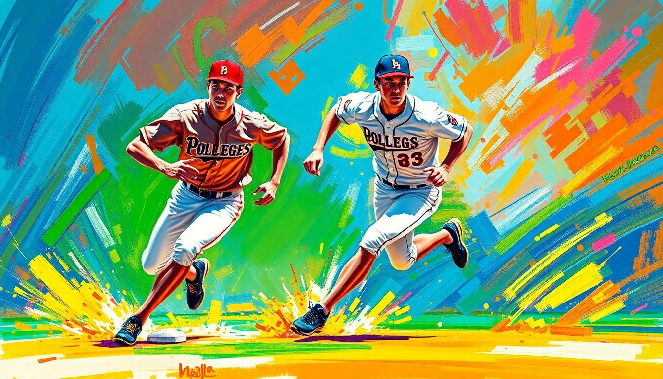 An abstract, energetic painting featuring bold brushstrokes in neon shades of blue, green, and orange, capturing the dynamic motion and intensity of a college baseball player stealing a base.
