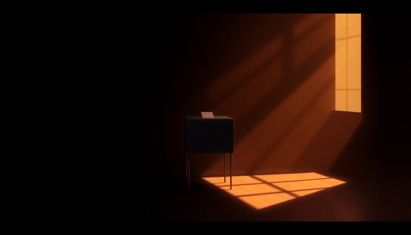 A dimly lit, cinematic painting of a lone ballot box sitting on a wooden table, its surface reflecting the warm glow of sunlight streaming through a nearby window. The scene conveys a sense of quiet contemplation and the importance of voting rights.