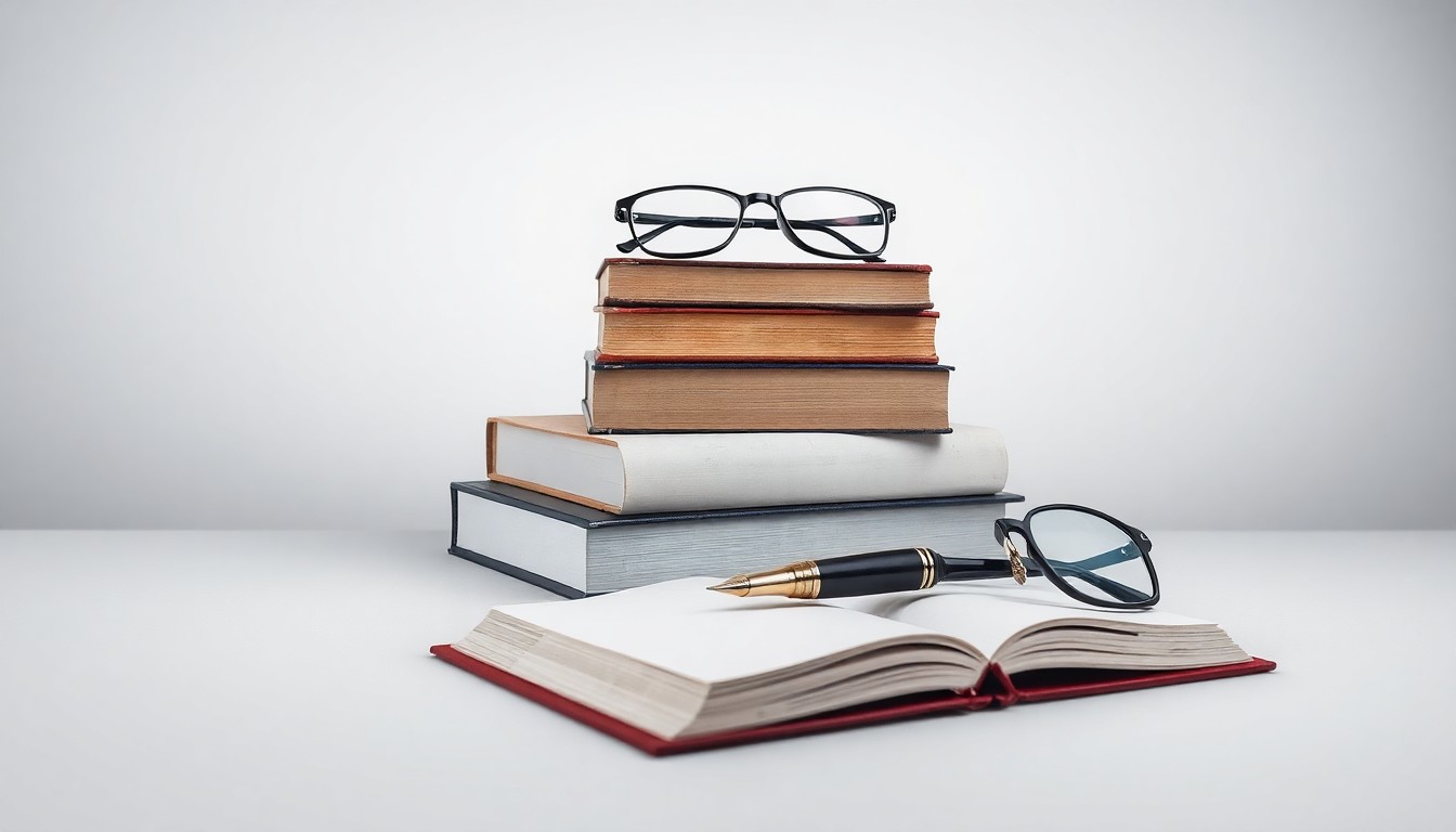 A minimalist studio still life featuring a stack of hardcover books, a fountain pen, and a pair of reading glasses arranged on a clean, monochromatic background, symbolizing the abstract concepts of publishing and the financial realities of the industry.