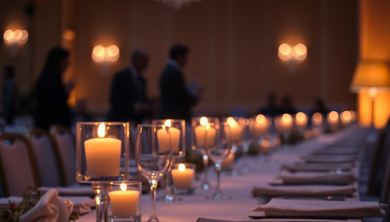 A softly blurred, atmospheric photograph of a formal banquet table setting with glowing candles and the faint silhouettes of people, conveying the celebratory mood of an academic awards ceremony.