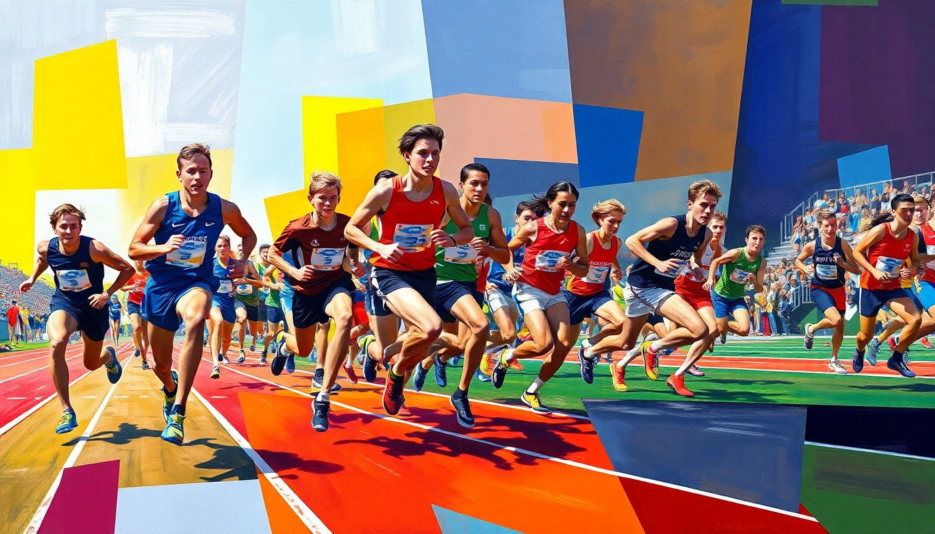 A cubist, geometric painting depicting athletes in motion, with overlapping planes of color representing the competing schools in the Licking County League track and field event.