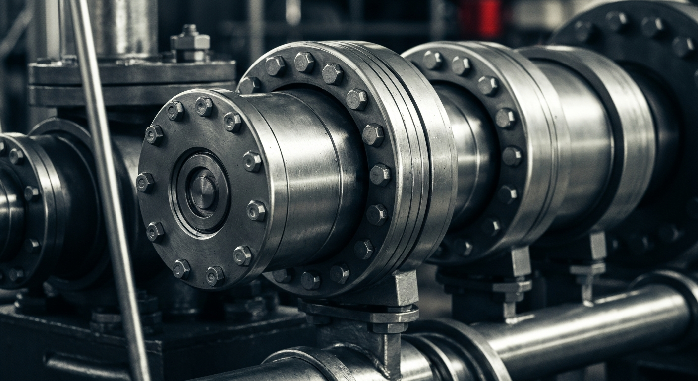 A highly detailed, cinematic close-up image of heavy, polished industrial machinery and equipment, conceptually representing the tangible financial mechanics and infrastructure of the oil and gas industry.