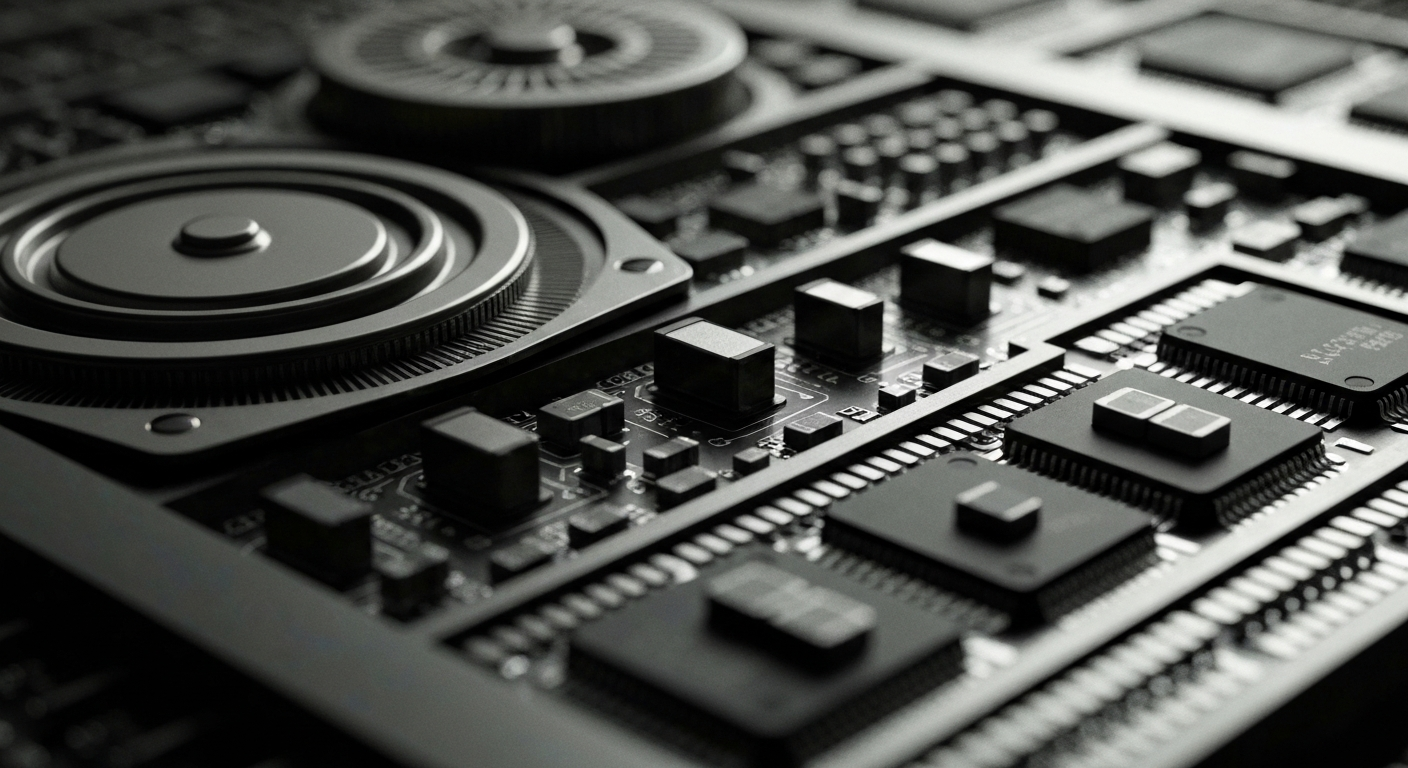 An extreme close-up of the intricately patterned circuits and components that make up the internal structure of a semiconductor chip, rendered in a high-contrast, documentary-style visual metaphor for the financial and technological forces shaping the semiconductor industry.