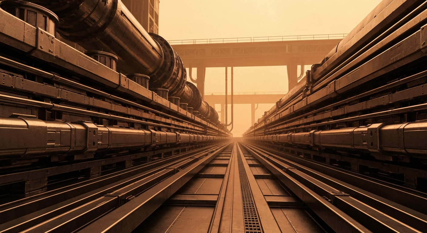 An extreme close-up of gears, valves, and other industrial components used in fertilizer production, dramatically lit to convey the scale and importance of this basic materials industry.