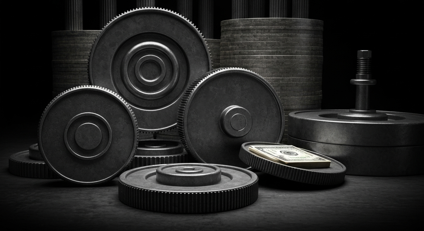 An extreme close-up of industrial gears, pipes, and machinery in muted tones, conceptually representing the complex financial infrastructure underlying the energy industry.