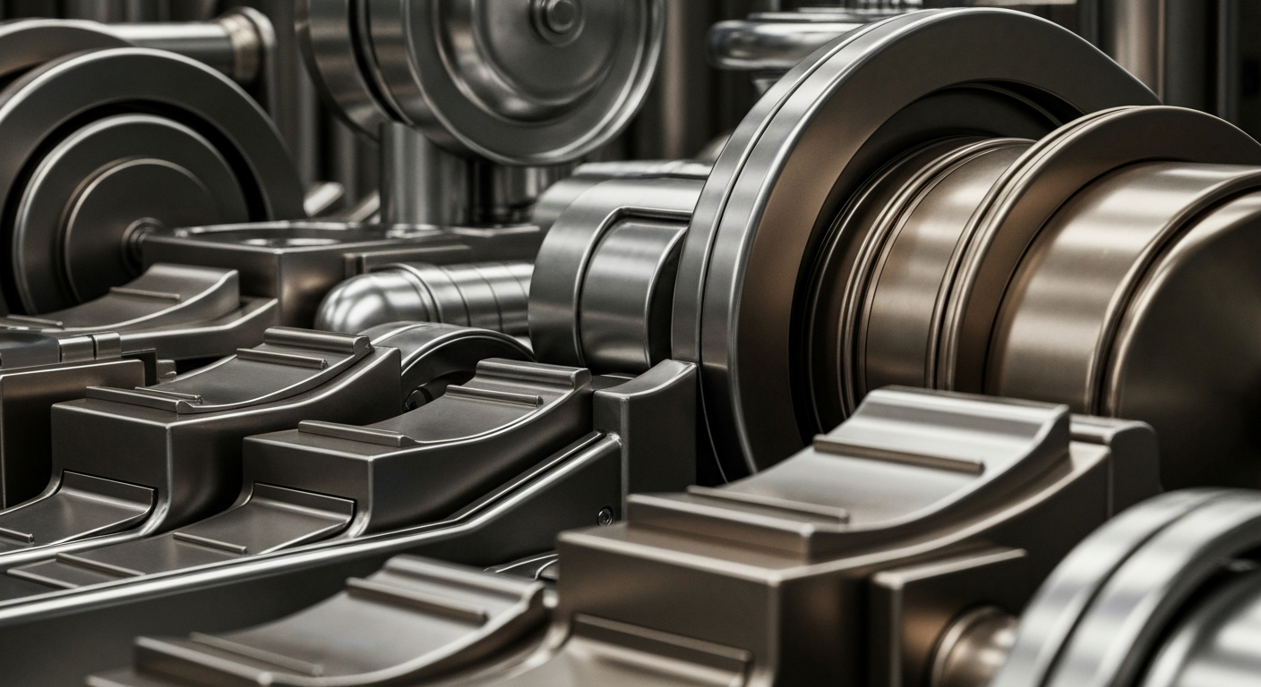 An extreme close-up of highly textured, industrial banking equipment and machinery in shades of steel, bronze, and chrome, conveying a sense of institutional financial power and security.
