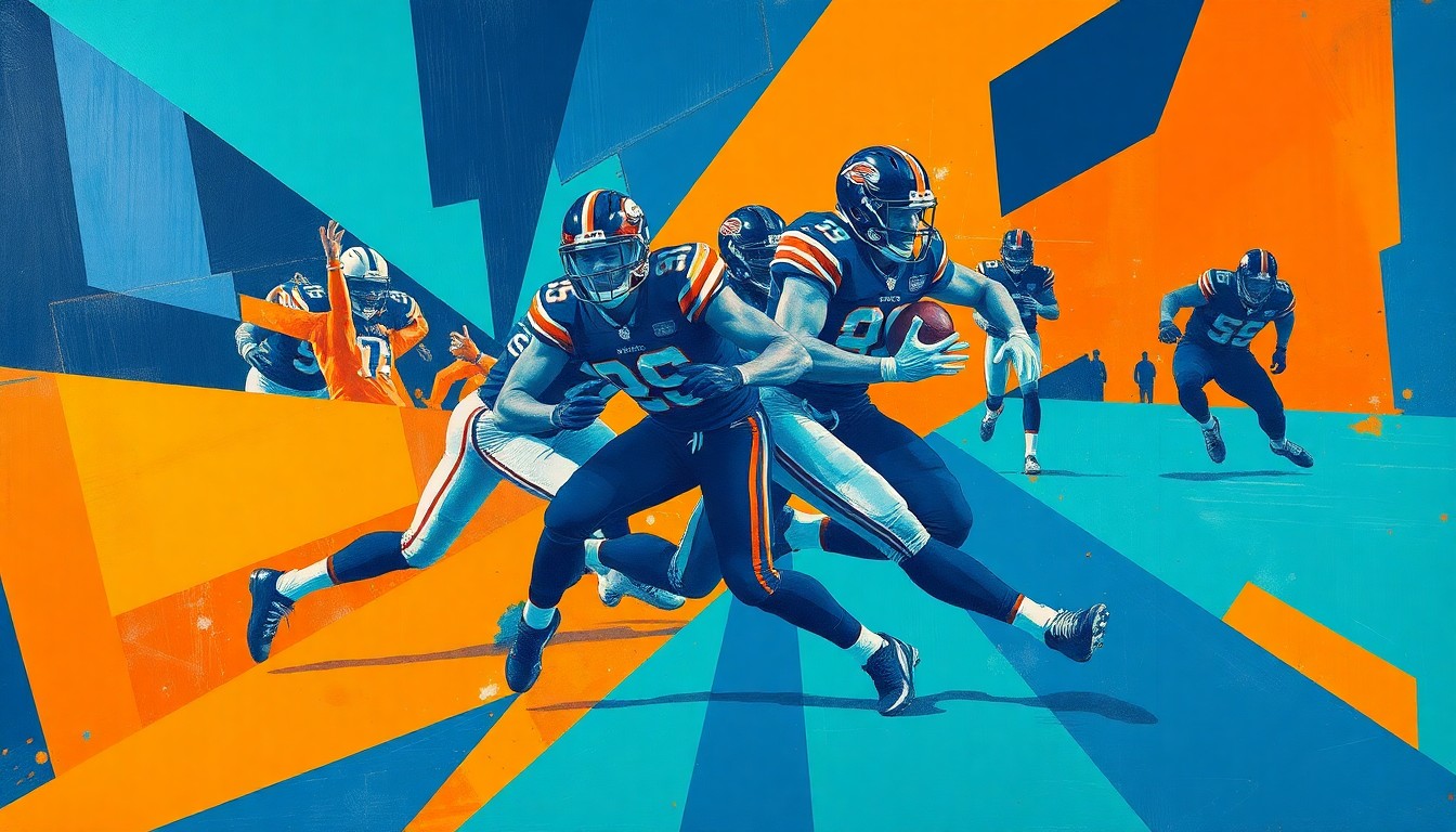 A fragmented, cubist-style painting depicting a football player in motion, broken down into sharp, overlapping geometric shapes in shades of navy, aqua, and orange, conveying the complex dynamics of the Dolphins' contract negotiations with their star running back.