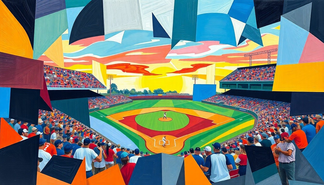 A fractured, geometric painting in the style of Pablo Picasso, depicting a high school baseball game with sharp, overlapping planes of color representing the dynamic action on the field.