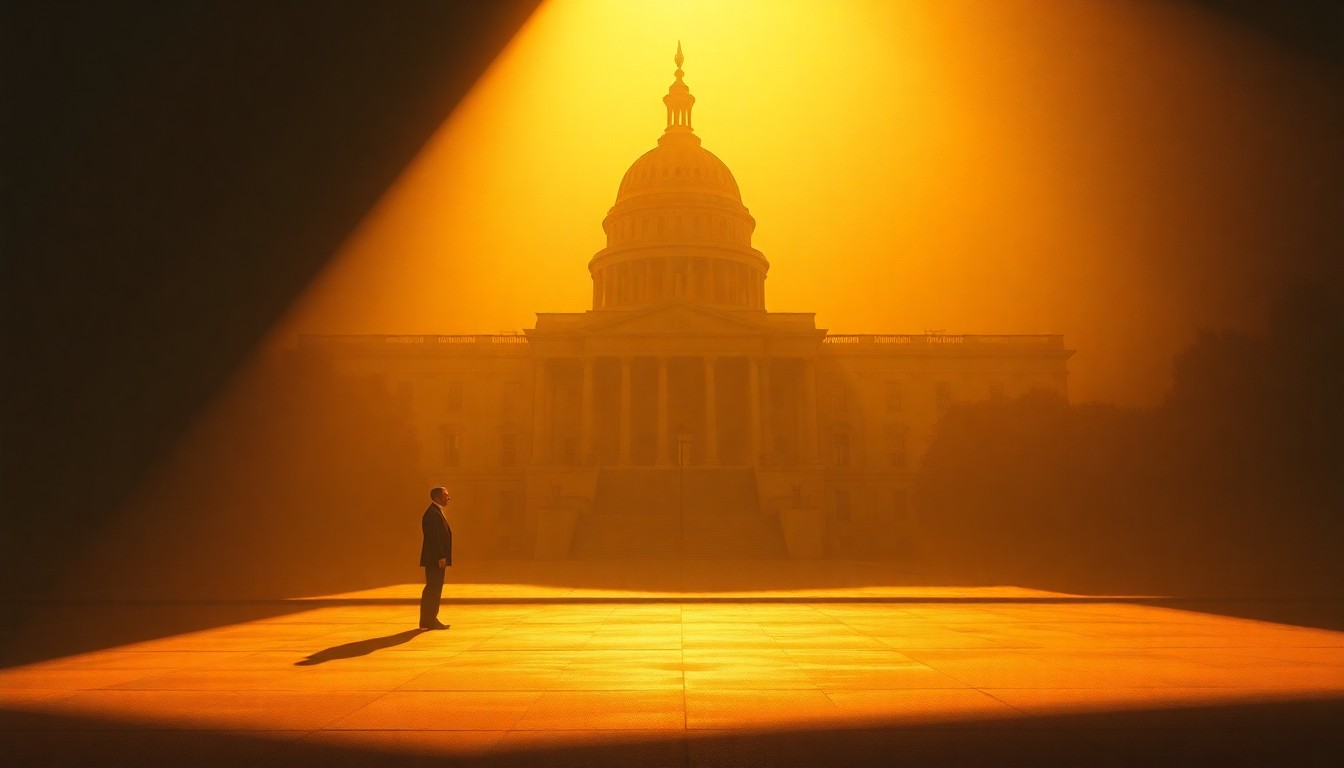 A dimly lit, cinematic painting of a lone government building or political figure cast in warm, golden light and deep shadows, conveying a sense of melancholy and the perils of unchecked power.