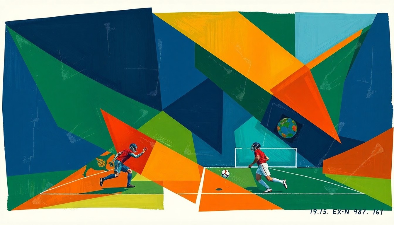 A cubist, geometric painting featuring overlapping planes of navy, green, and orange, capturing the energy and movement of a football game in an abstract, deconstructed style.
