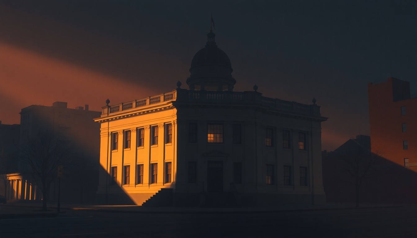 A serene, cinematic painting of a government building in Quincy, with warm sunlight and deep shadows creating a contemplative mood that reflects the city's financial challenges.