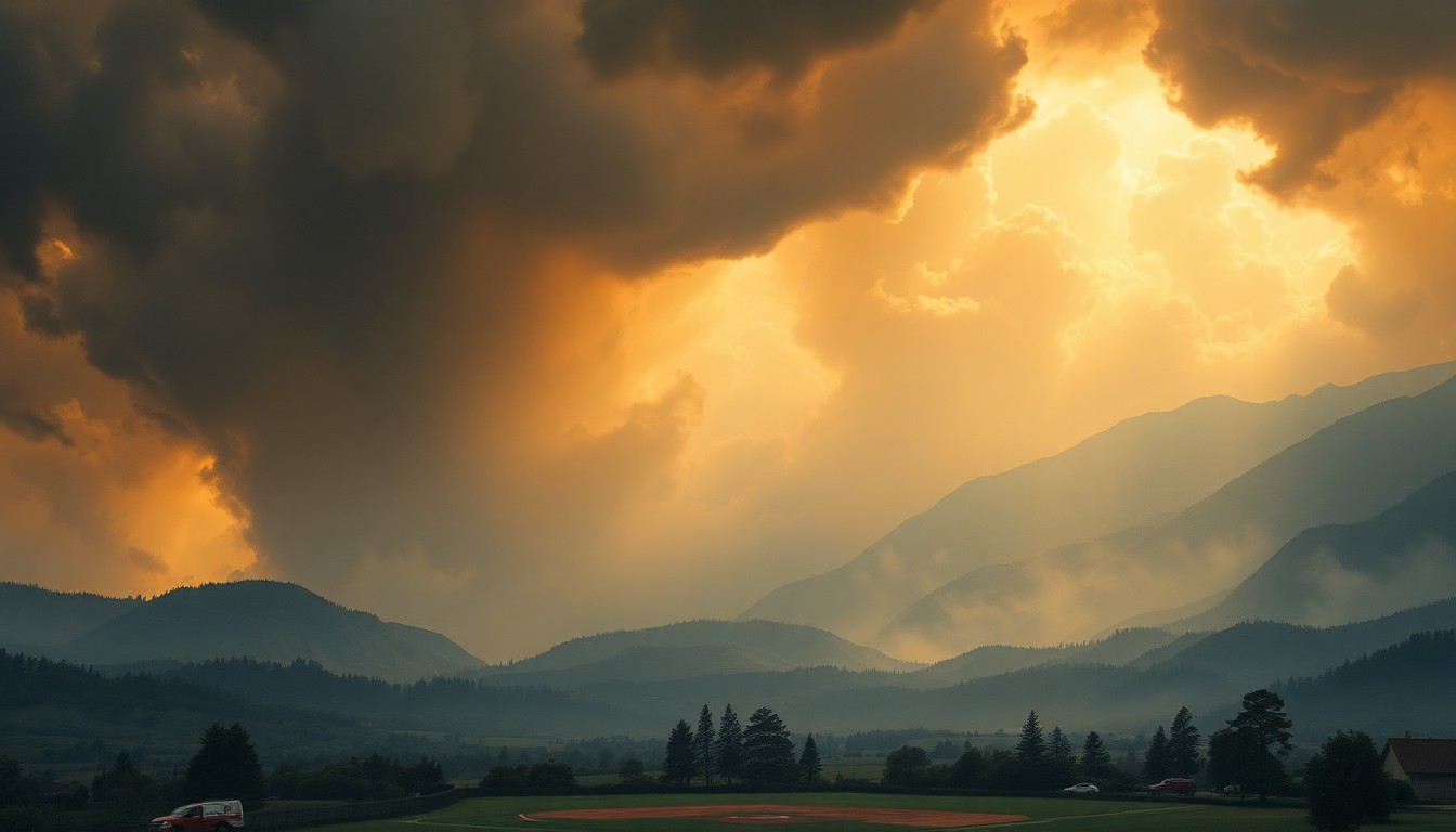A vast, atmospheric landscape painting in muted earth tones, with billowing clouds of smoke obscuring the horizon and casting a somber light over a small staging area of fire trucks and emergency vehicles below.